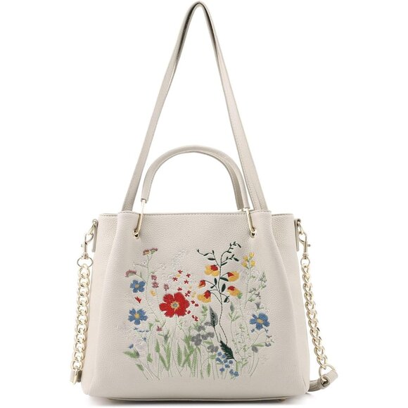 Women's Soft Vegan Leather Embroidered Designer Top Shoulder Handle Tote Bag - Picture 1 of 9